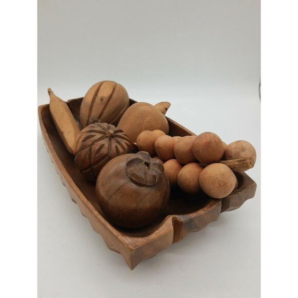 Set Vintage Monkey Pod Wooden Fruit Bowl Of 7 Pcs of Fruit w/ Matching Bowl - Picture 8 of 8